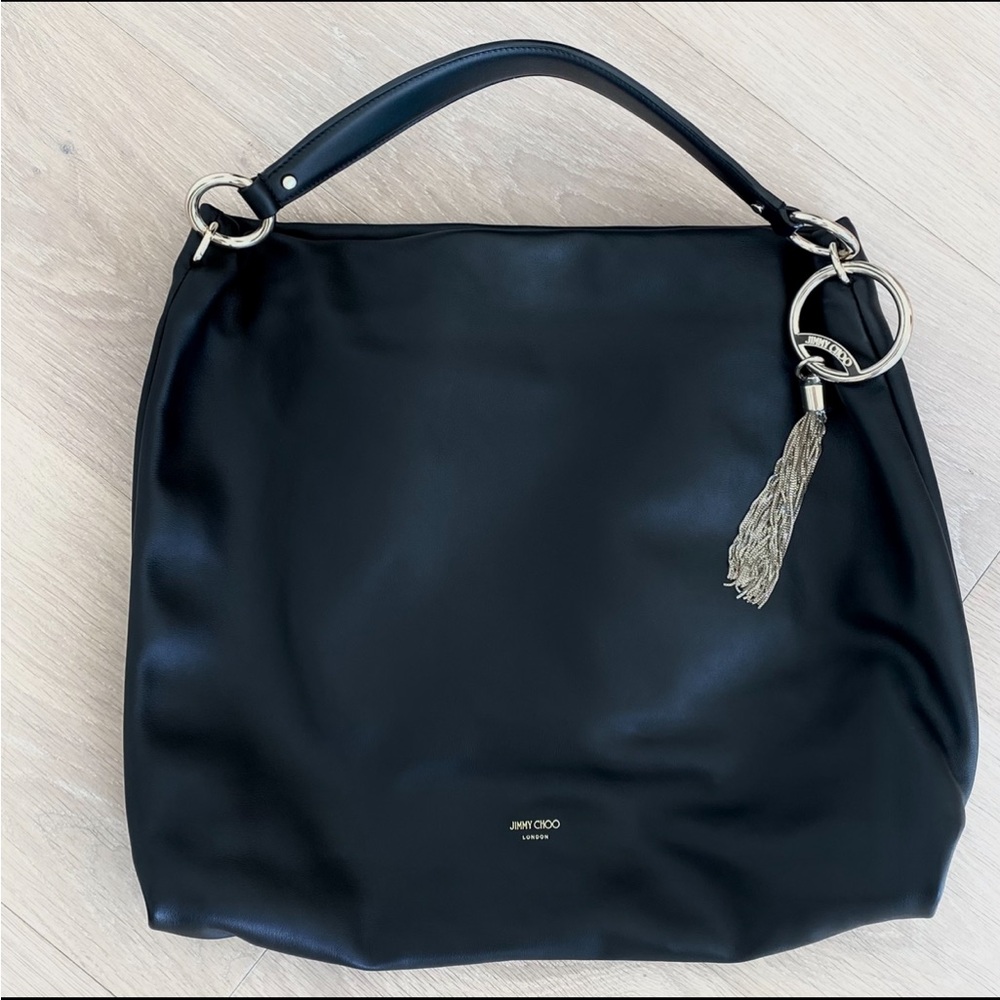 JIMMY CHOO BLACK LEATHER HANDBAG W/GOLD CHAIN TASSEL NEVER USED! PRICE IS FIRM!